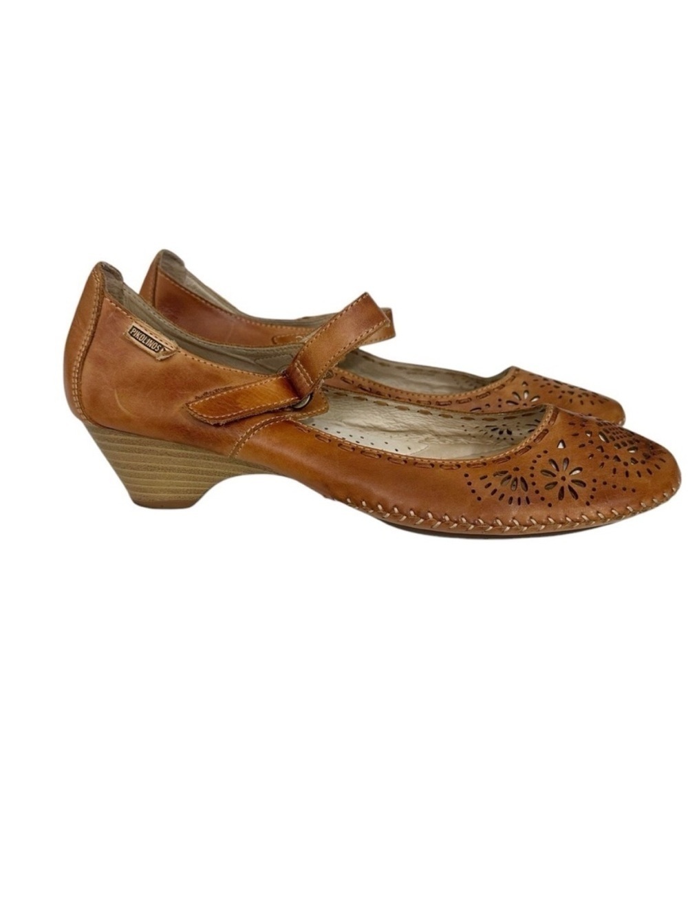Pikolinos Brown Leather Perforated Kitten Hill Sandals